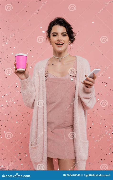 Happy Brunette Woman With Paper Cup Stock Photo Image Of Color Beautiful