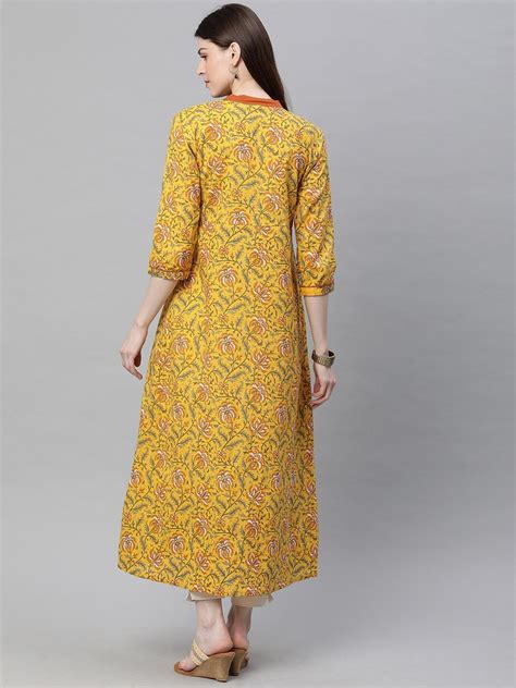 Buy Womens Mustard Yellow Printed A Line Kurta Aks Online At Best