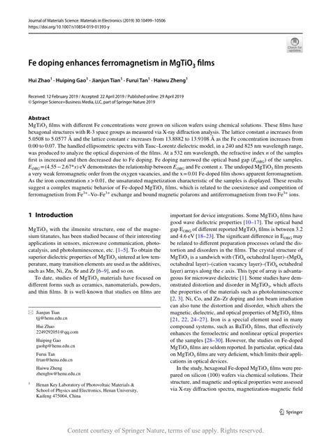 Fe Doping Enhances Ferromagnetism In MgTiO3 Films Request PDF