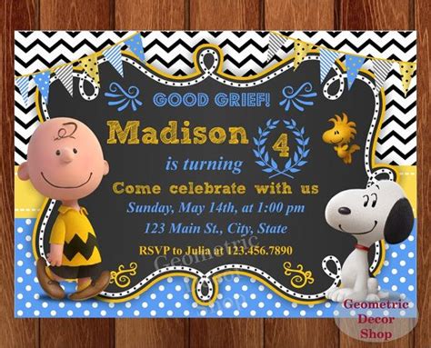 Peanuts Snoopy Birthday Invitation Charlie Brown Party Movie Digital