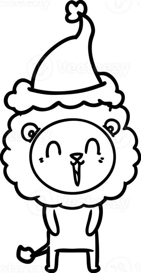 laughing lion hand drawn line drawing of a wearing santa hat icon ...