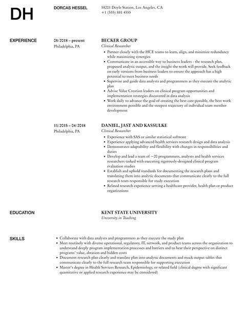 Clinical Researcher Resume Samples Velvet Jobs