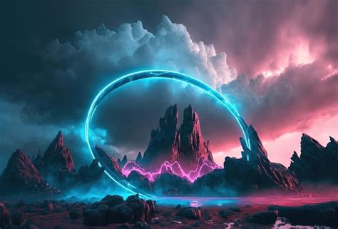 Premium Photo Fantastic Mountain Scenery With A Round Neon Portal