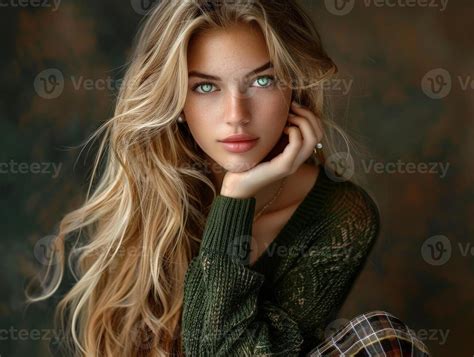 European Blonde Woman With Green Eyes Wearing Sweater And Plaid Skirt 47003170 Stock Photo At
