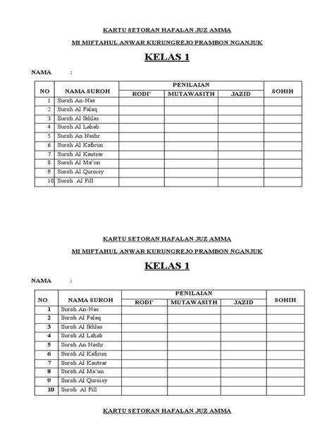 Kartu Setoran Hafalan Juz Amma Pdf