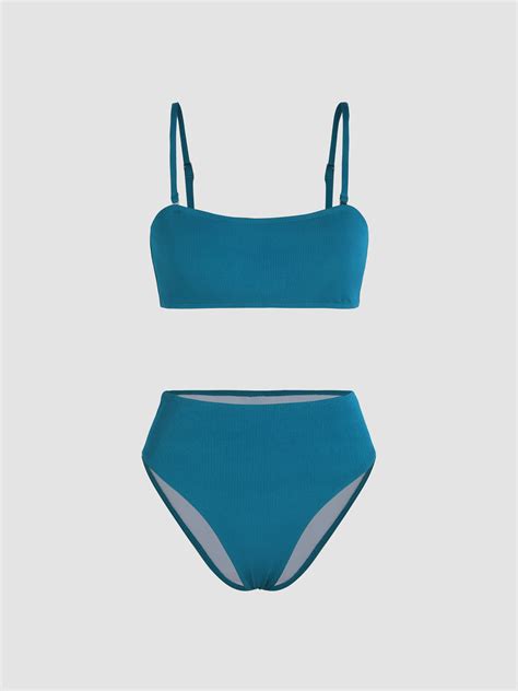 Rib Solid Square Neck Bikini Swimsuit Cider