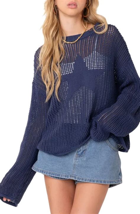 Edikted Seeing Stars Oversize Open Stitch Sweater Blue Editorialist