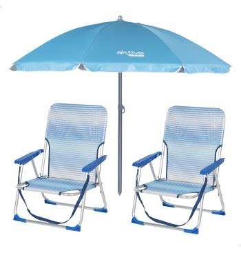 Pack 2 Sillas Playa Antivuelco Sombrilla 180 Cm Azul Aktive