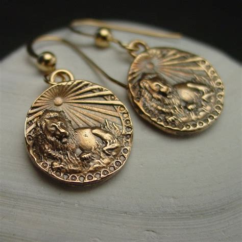 Leo Earrings Zodiac Birthday Gift July 23 to August 23 Coin Earrings Antiqued Lion Earrings Lowe ...