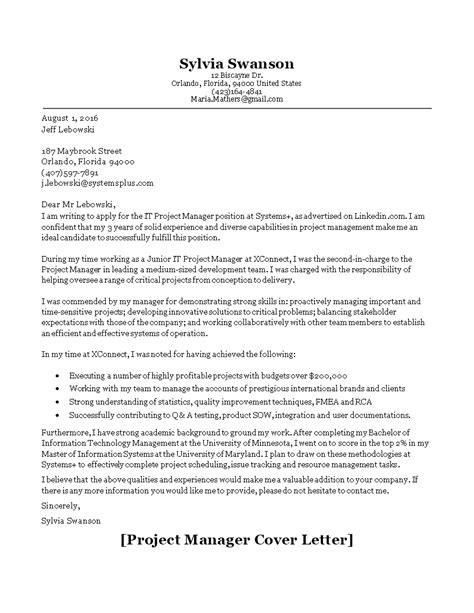 Project Manager Cover Letter Sample