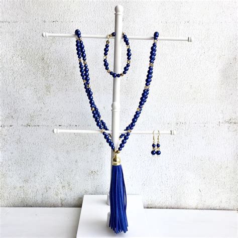 Navy Blue Beaded Tassel Necklace Long Navy Blue Beaded Necklace By Miksjewelryshop On Etsy