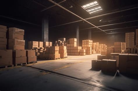 Premium AI Image | A large warehouse with boxes Rows of shelves with ...