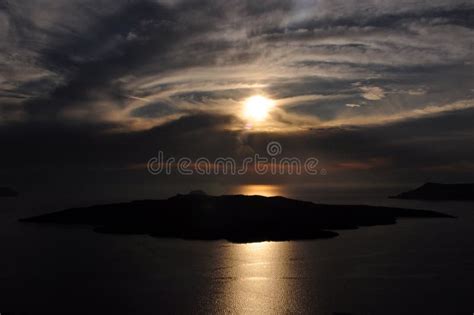 Sunset Over Caldera and Volcano Island in Santorini Archipelago. Greece ...