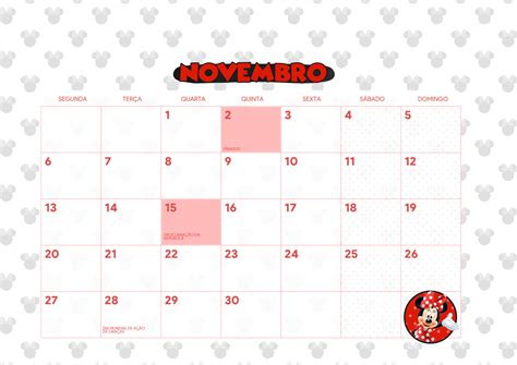 Calendario Mensal 2023 Minnie Novembro Fazendo A Nossa Festa