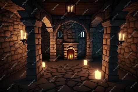 Premium AI Image | Castle dungeon interior Ai Stone brick walls and torches