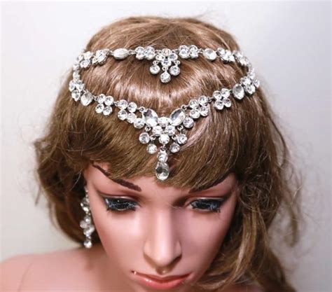 Crystal Headpiece Dangle Bridal Hair Chain Vintage Forehead Hairpiece