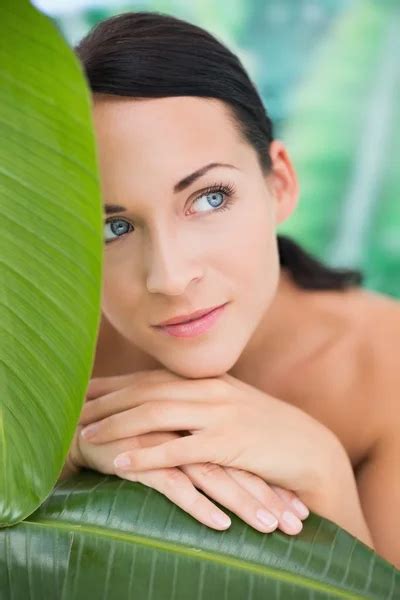 Beautiful Nude Brunette Posing With Green Leaves Stock Photo By Wavebreakmedia 50063485