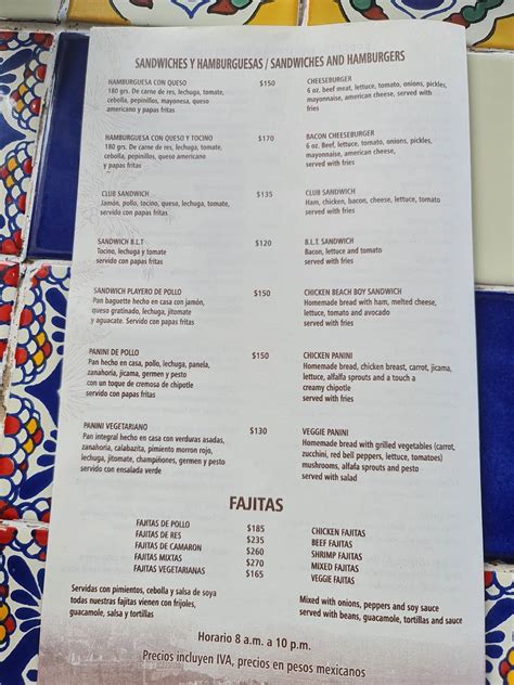 Menu At Restaurant La Playita Puerto Vallarta Carr Costera A Barra