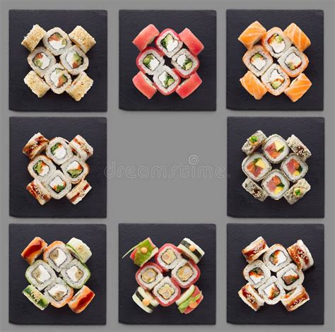 Collage Various Sushi Japanese Restaurant Menu Black Background Stock