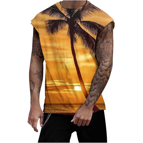 Vsssj Mens Graphic Tank Tops Beach Hawaiian Sunset Palm Tree Printed