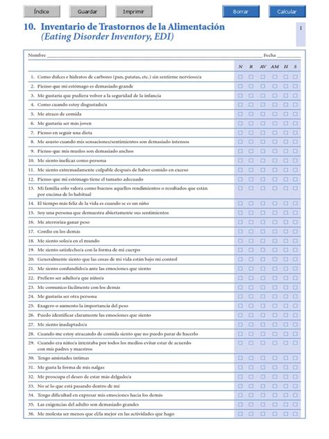 Eating Disorder Inventory Edi 10 Inventario De Trastornos De La Alimentación Pdf