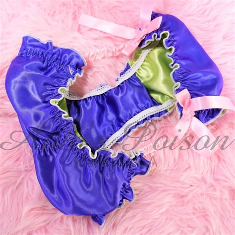 Anias Sissy Green Purple Satin Ruffled String Bikini Scrunch Butt Double Satin Pink Sides