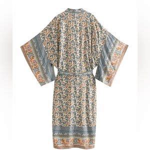 Swim Boho Kimono Beach Bikini Cover Up Cream Blue Batwing Floral Cardigan Nwt Poshmark