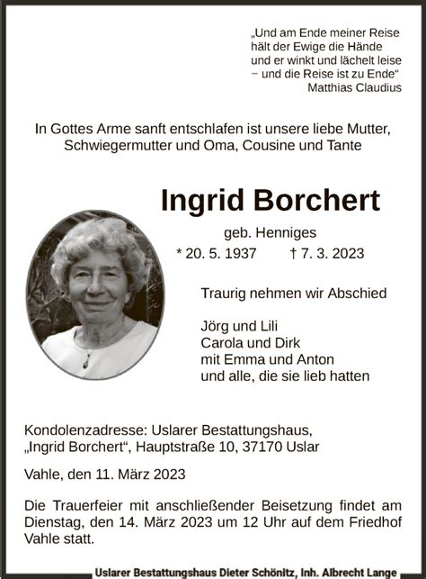 Traueranzeigen Von Ingrid Borchert Trauer De