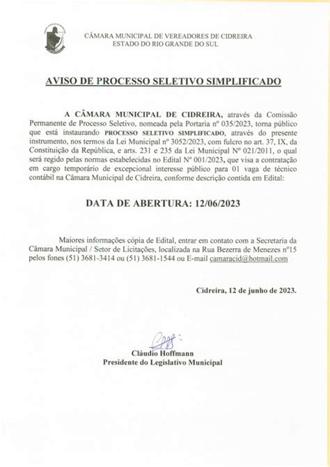 Aviso Processo Seletivo Simplificado 2023 Câmara Municipal