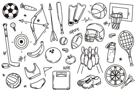 Hand drawn illustration set of sport doodle icons. Sports equipment and ...