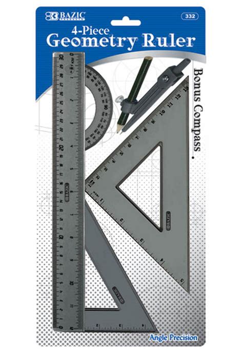 Geometry Ruler Combination Set with Compass (4-Piece) | Bazic Products