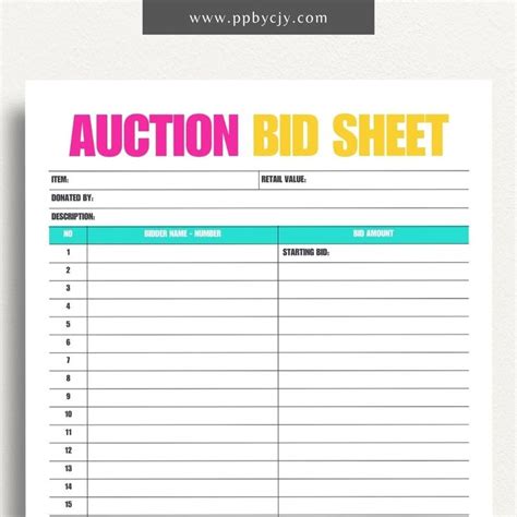 Silent Auction Bid Sheet Printable Template For Organized Bidding In