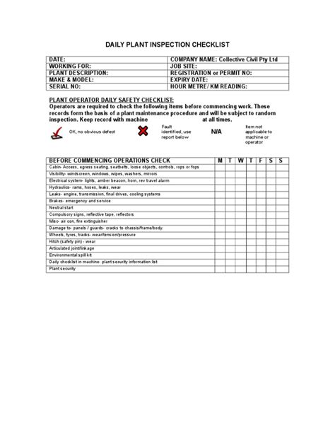 Daily Plant Inspection Checklist Leak Automotive Industry