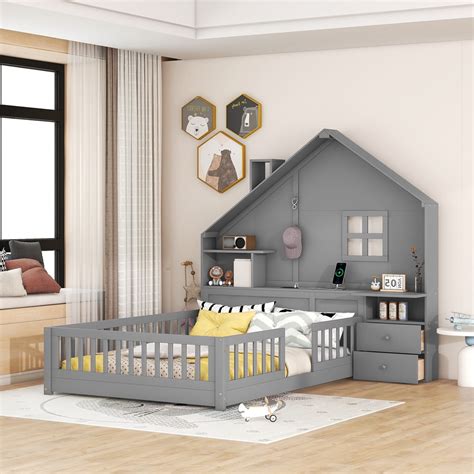 Full Size House Bed with Storage, Montessori Bed Full Size with Shelves ...