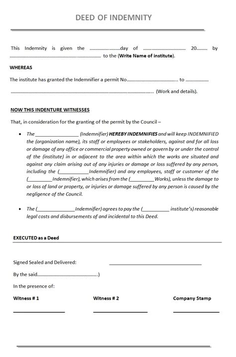 Deed Of Indemnity Template Ms Word Free Word Excel Templates Hot Sex