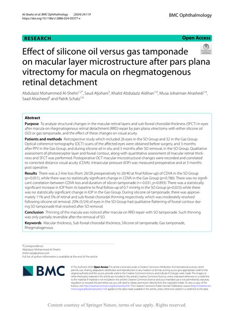 Pdf Effect Of Silicone Oil Versus Gas Tamponade On Macular Layer