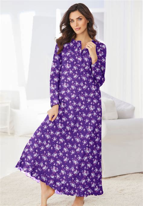 Long Sleeve Cotton Gown for Plus Size, Black Roses | Woman Within