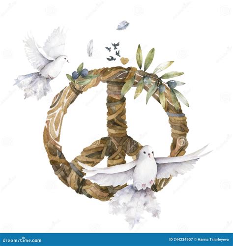 Dove And Olive Branch Peace Sign Watercolor Illustration Watercolor