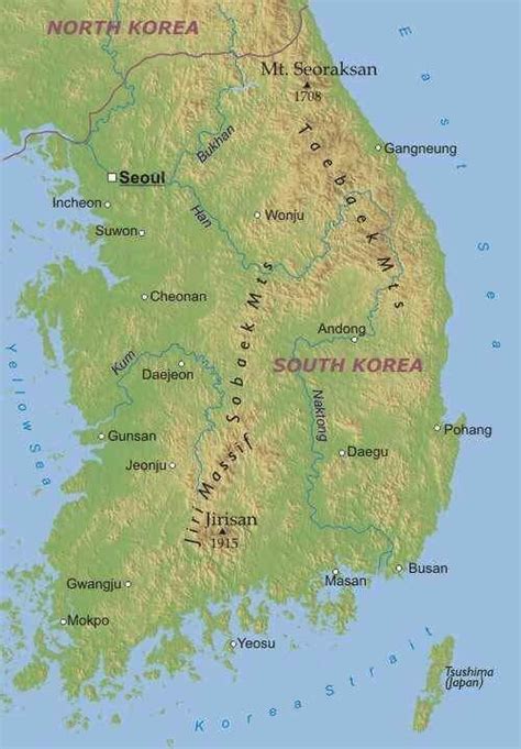 Physical Map Of South Korea Including Mountain Ranges And Rivers Names