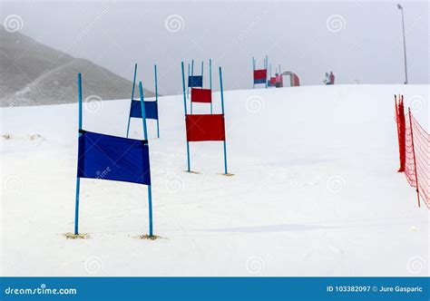 Children Skiing Slalom Racing Track With Blue And Red Gates Stock