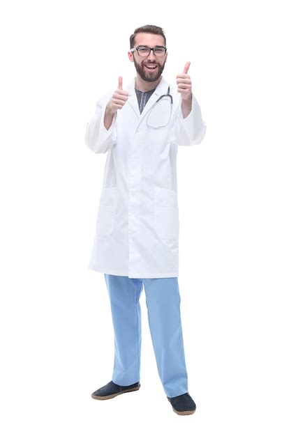 Premium Photo In Full Growth Smiling Male Doctor Showing Thumbs Up