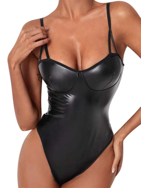 Women Sexy Nightwear Bodysuit Faux Leather Wet Look Lingerie Underwear