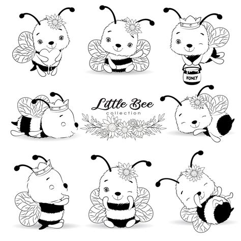 Cute Bees Poses Clipart Set With Bw Outline Etsy