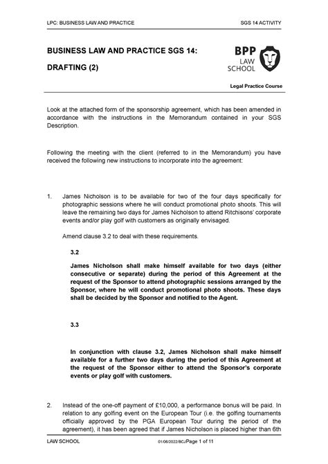 Drafting Solution LPC BUSINESS LAW AND PRACTICE SGS 14 ACTIVITY