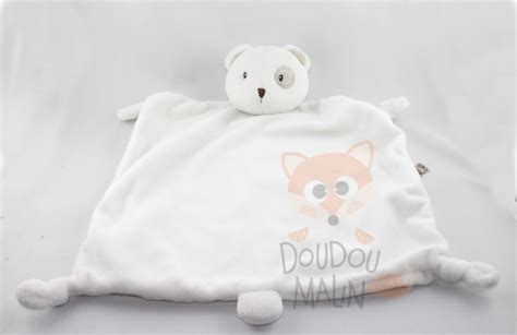 Petit Kimbaloo doudou ours plat carré blanc cocard beige