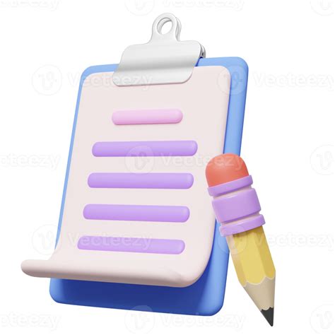 3d Clipboard White Sheet And Pencil Floating On Transparent