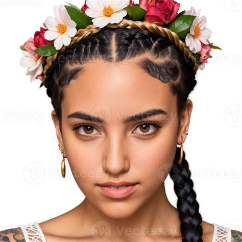 Jeune latina femme avec tressé couronne et floral tatouage adorable visage plaisant yeux