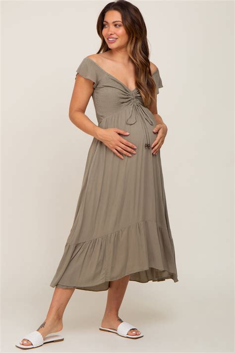 Olive Smocked Ruched Ruffle Hem Maternity Maxi Dress Pinkblush