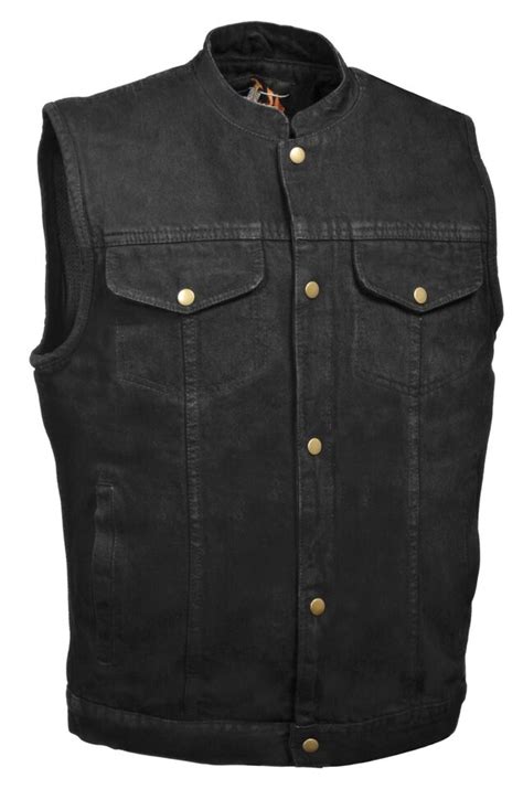 Men S Concealed Carry Black Denim Outlaw Biker Vest SOA Style Snap