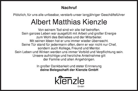 Traueranzeigen Von Albert Matthias Kienzle S Dwest Presse Trauer